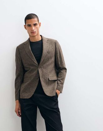 Selected Blazer slim in misto lana marrone a quadri in coordinato
