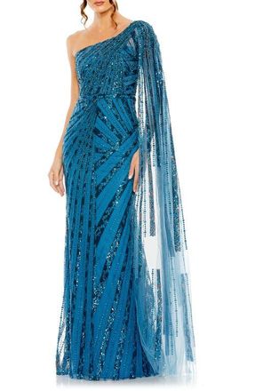 Mac Duggal Womens Sequin One-Shoulder Evening Gown with Sheer Cape Sleeve in Ocean Blue at Nordstrom, Size 10