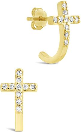 Sterling Forever Silver Cz Cross Huggie Hoop Earrings
