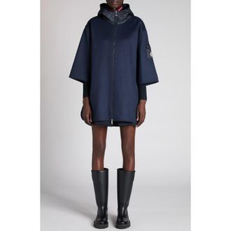 Moncler Wool Blend Felt Hooded Cape in Navy at Nordstrom