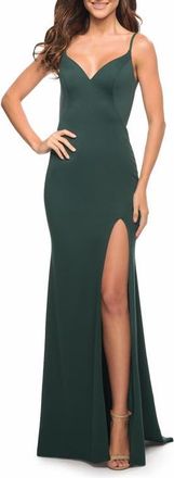 La Femme Simple Jersey Gown with V Neckline and Slit in Dark Emerald at Nordstrom, Size 00