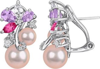 Rina Limor Silver 2.46 Ct. Tw. Rose De France, Multi-Color White Topaz & 8-8.5Mm Pearl Dangle Earrings