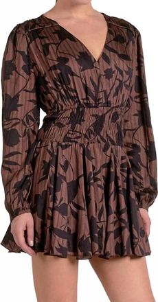 Elan Long Sleeve V-Neck Mini Dress In Brown Foliage
