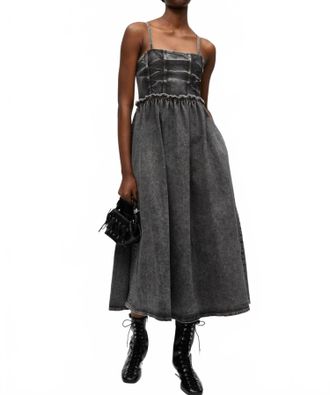 Ganni Stretch Future Denim Strap Midi Dress In Blackwashed