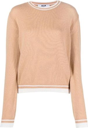 Msgm Beige Trui met Contrasterende Randen - Dames - Ronde hals truien - Beige - L - Wol - Truien & Vesten