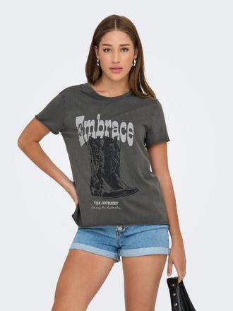 Only Rundhalsshirt ONLY ONLLUCY REG S/S TOP JRS NOOS, Damen, Gr. XL, gunmetal print:journey, Single Jersey, Obermaterial: 100% Baumwolle, bedruckt, regular