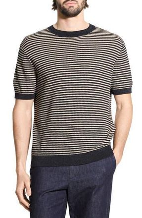 Theory Stripe Short Sleeve Linen & Cotton Blend Crewneck Sweater in Black/Chino at Nordstrom Rack, Size Xx-Large