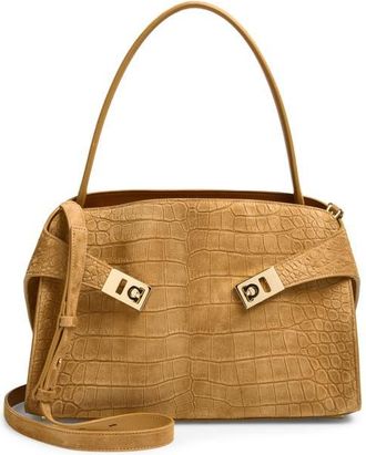Ferragamo Hug Croc Embossed Suede Handbag in Naturale at Nordstrom