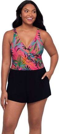 Trimshaper Kim Surplice Control Swim Romper with Pockets in Amazonian Palms at Nordstrom, Size 12