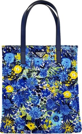 Prada Blue Multi-Color Nylon Leather Tote Bag (Pre-Owned)