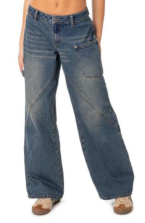 Edikted Serena Low Rise Wide Leg Carpenter Jeans in Blue at Nordstrom, Size X-Large