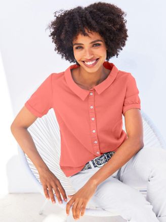 Heine Kurzarmbluse HEINE, Damen, Gr. 34, koralle, 98% Baumwolle, 2% Elasthan, unifarben, Rundhals, Blusen Kurzarmbluse