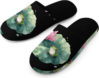 Generic Watercolor Frogs Lotusflower Mens House Slippers Slip Indoor Slipper On Shoes Warm Outdoor
