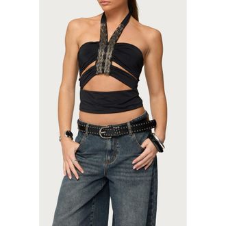 Edikted Zola Cutout Beaded Halter Top in Black at Nordstrom, Size X-Small
