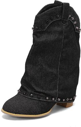 Generic Womens Western Cowboy Boots in Denim Fabric with Studded Detail Slouchy Shaft Round Toe Low Block Heels Pull Tab Soft Inner Lining Durable Non-Slip Ou