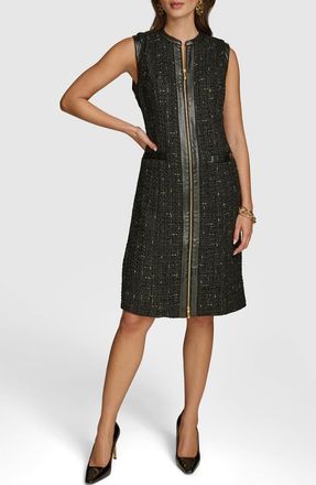 DKNY Sleeveless Faux Leather Trim Tweed Dress in Black at Nordstrom, Size 10
