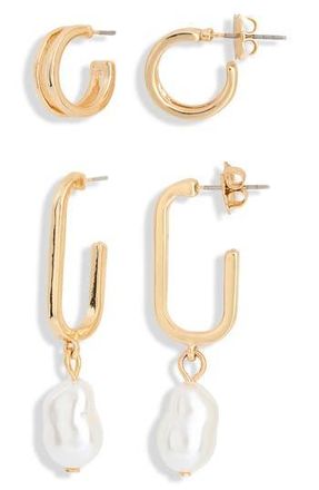 Leith Set of 2 Assorted Hoop Earrings in White- Gold at Nordstrom Rack