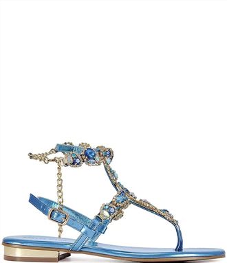 Azalea Wang Womens Marinella Jewel Embellished Ankle Wrap Thong Sandals In Blue