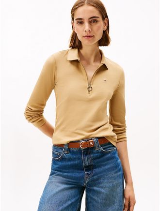 Tommy Hilfiger Womens Long-Sleeve Zip Slim Fit Polo - Beige - S