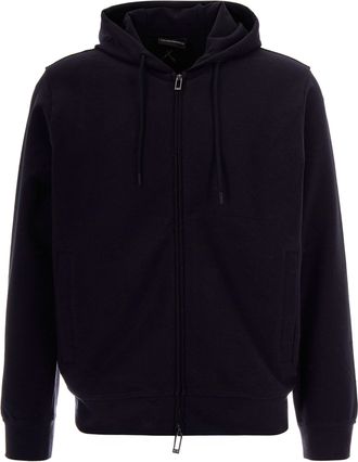Emporio Armani Jacquard Black Hoodie with Adjustable Drawstring and Eagle Emblem