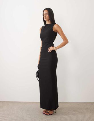 Vesper vestito lungo nero con collo alto, schiena drappeggiata e tessuto bengalina-Giallo