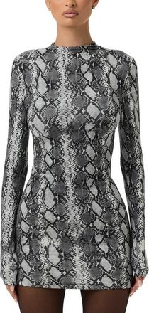 Naked Wardrobe Print Long Sleeve Body-Con Minidress in Grey Snakeskin at Nordstrom, Size X-Small