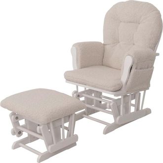 Hhg nunca usado] Reclinable 033, mecedora sillón + taburete tejido bouclé 480g/m² Oeko-Tex, crema armazón blanco