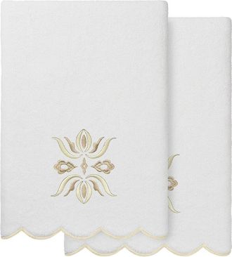 Linum Home Textiles 100% Turkish Cotton Flower Crest Scallop 2Pc Embellished Bath Towel Set