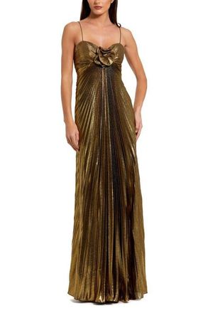 Mac Duggal Thin Strap Pleated Metallic Gown With 3D Flower in Antique Gold at Nordstrom, Size 10