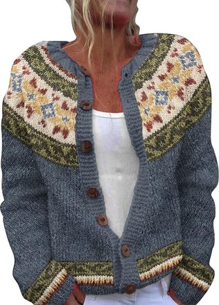 Generic Fairisle Jumper Women Wool Button up Ladies Christmas Jumpers Plus Size Christmas Jumpers for Women UK Loose Comfortable Sweaters for Women UK Knitted