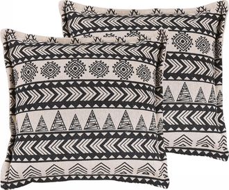 Beliani Conjunto De 2 Cojines Fundas De Algod&oacute;n Beige Y Negro Con Relleno 45 X 45 Cm Patr&oacute;n R&uacute;stico Decoraci&oacute;n Boho Hentepe