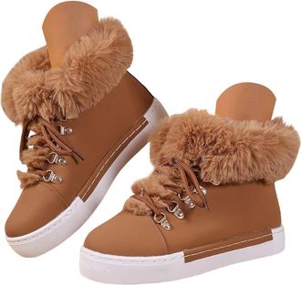 Generic Womens Winter Boots - Lace Up Warm Fuzzy Casual Ankle Booties, Platform Outdoor Shoes for Cold Weather(Brown,7.5)