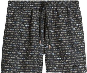 BOSS Danio Fish Print Swim Trunks in Black at Nordstrom, Size Xx-Large