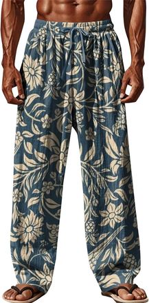 Generic Mens Yoga Beach Pants Wide Leg Printed Summer Pants Men Hippie Wide Leg Sweatpants Elastic Waist Baggy Trousers Hawaii Holiday Pant Patterned Yoga Hip
