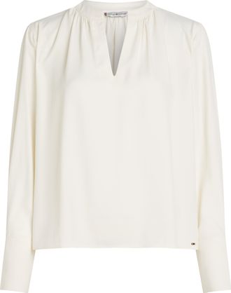 Tommy Hilfiger Langarmbluse TOMMY HILFIGER SOFT VIS V NECK LS BLOUSE, Damen, Gr. 38, weiss (ivory petal), Web, Obermaterial: 100% Viskose, unifarben, normal h&uuml;ftlang