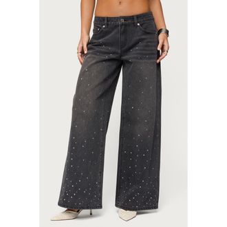 Edikted Embellished Low Rise Wide Leg Jeans in Black-Washed at Nordstrom, Size X-Small