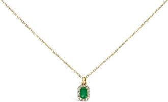 House of Brilliance 10K Yellow Gold 5x3mm Green Emerald and Diamond Accent Halo Octagonal Shape Pendant Necklace