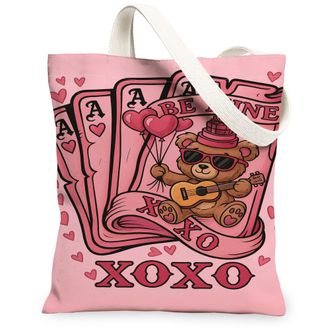 Generic ValentineS Day Peach Canvas Tote Bags, Cute Bear Pattern Reusable Shopping Bags, Lightweight Washable Shoulder Strap, Peach, 13x15 Inch