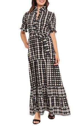 London Times Ruffle Neck Tiered Maxi Dress in Black/Soft White at Nordstrom Rack, Size 10