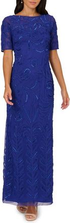 Adrianna Papell Short Sleeve Soutache Column Gown in Dark Blue Violet at Nordstrom, Size 12