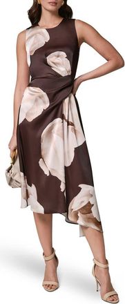 DKNY Floral Print Satin Midi Dress in Espresso Multi at Nordstrom, Size 14