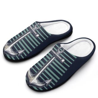 Generic (Anchors)-Green Stripes Mens House Slippers Memory Foam Washable Cotton Slip on Home Shoes