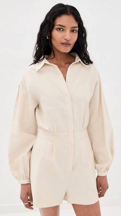 Line & Dot Long Sleeve Shorts Romper In Ecru