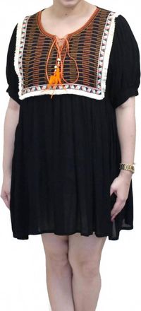 Velzera Embroidered Fringed Short Sleeve Mini Dress In Black