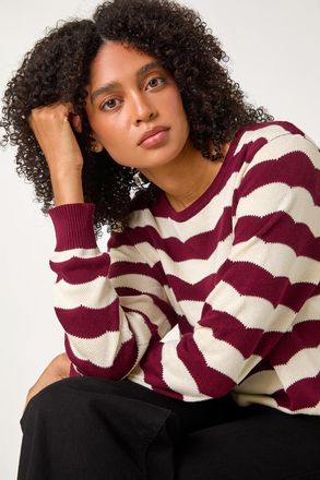 Roman Striped Scallop Cotton Blend Tie Jumper