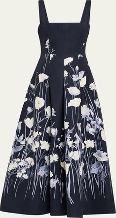 Lela Rose Floral Faille Sleeveless Fit-&-Flare Gown