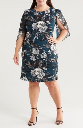 Connected Floral Flutter Sleeve Sheath Dress in Dark Mallard at Nordstrom, Size 24W