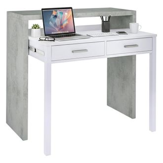 Dmora Dmora - Mesa Consola Damodi, Escritorio Con Tapa Extensible, Escritorio Para Pc Con 2 Cajones, 99x36h88 Cm, Cemento Y Blanco