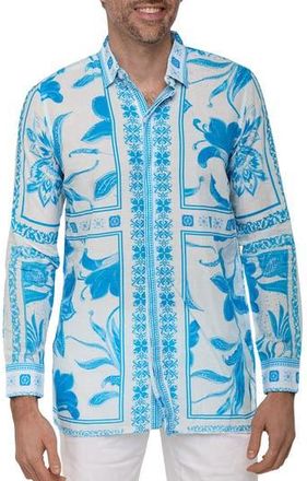 Ranee&rsquo;s Extra Trim Fit Print Linen & Cotton Button-Up Resort Shirt in Blue at Nordstrom Rack, Size Xx-Large