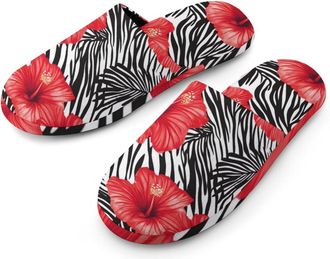 Generic Hibiscus Tropical Flowers Flannel Mens Slip-on Slippers Winter Warm House Shoes with Rubber Sole for Home Hotel